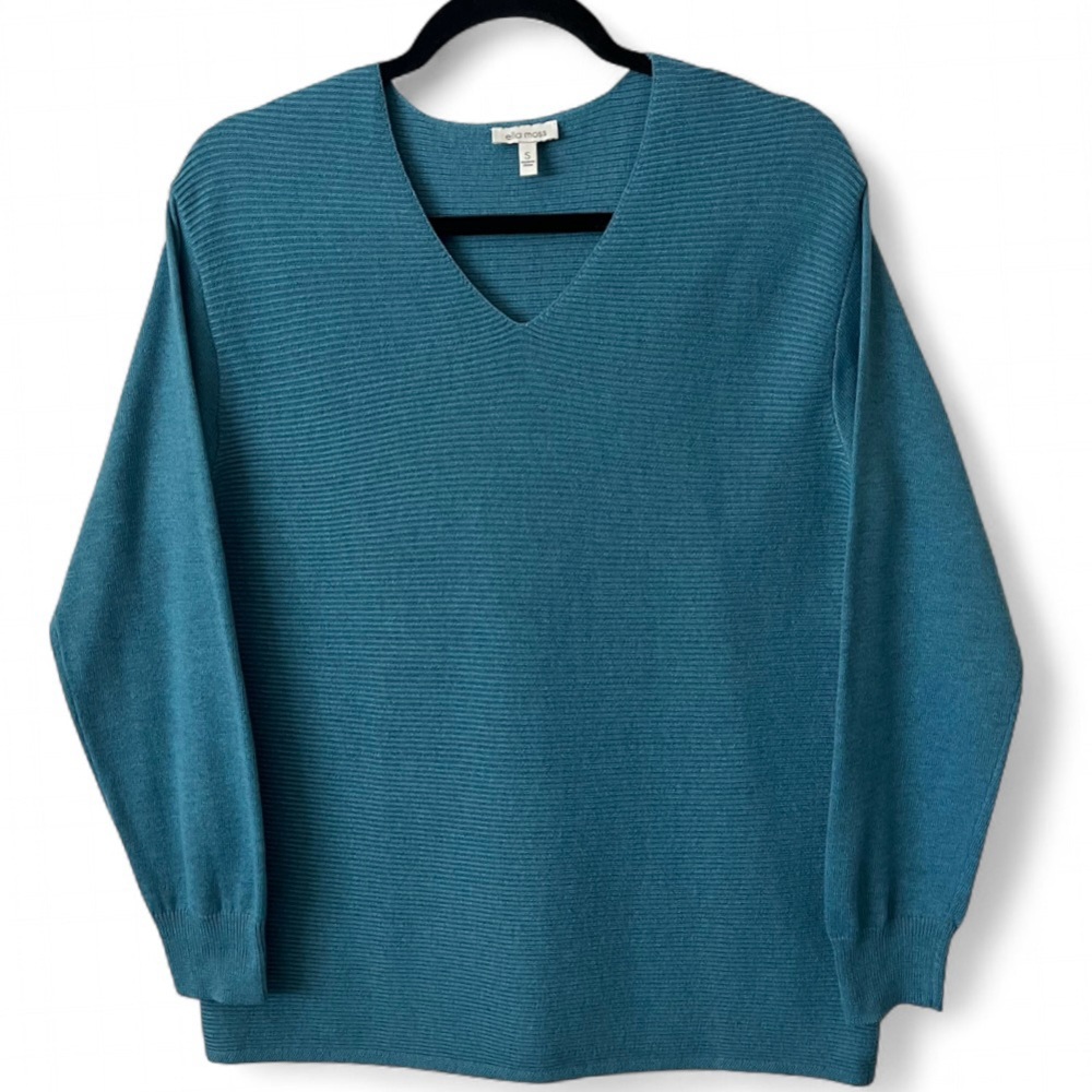 Ella Moss Ribbed V Neck Pullover Sweater Top Small Blue Oversized Cozy Capsule